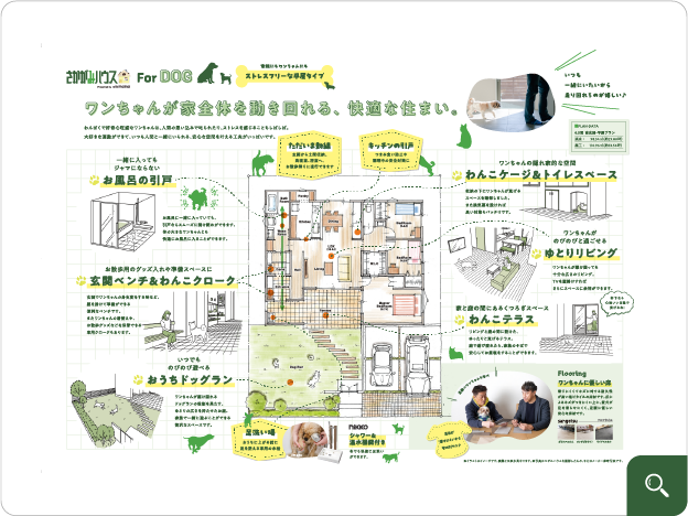 家族にもワンちゃんにもストレスフリーな平屋タイプワンちゃんが家全体を動き回れる、快適な住まい。